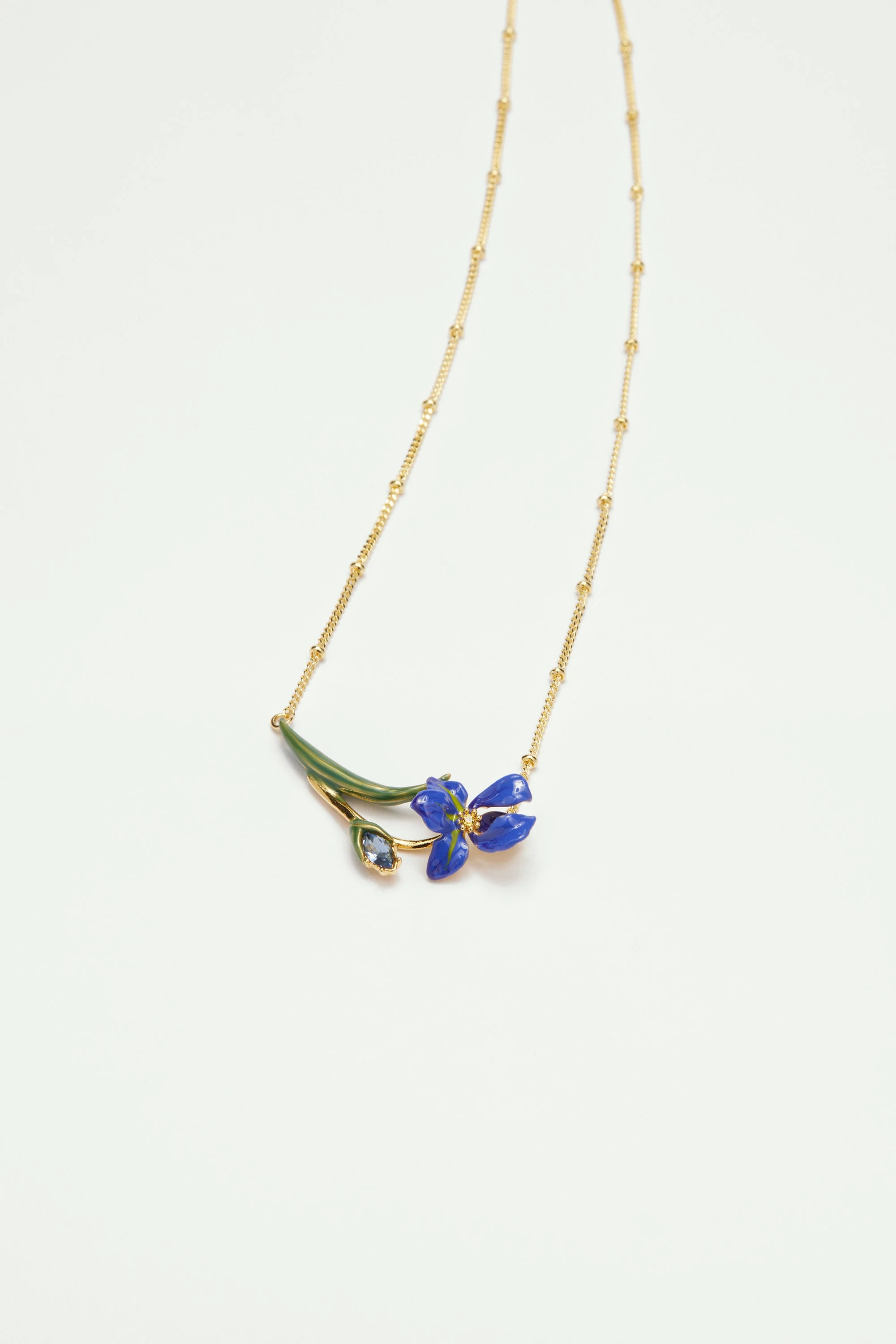 Collier fin iris de sibérie et verre facetté | Bleu