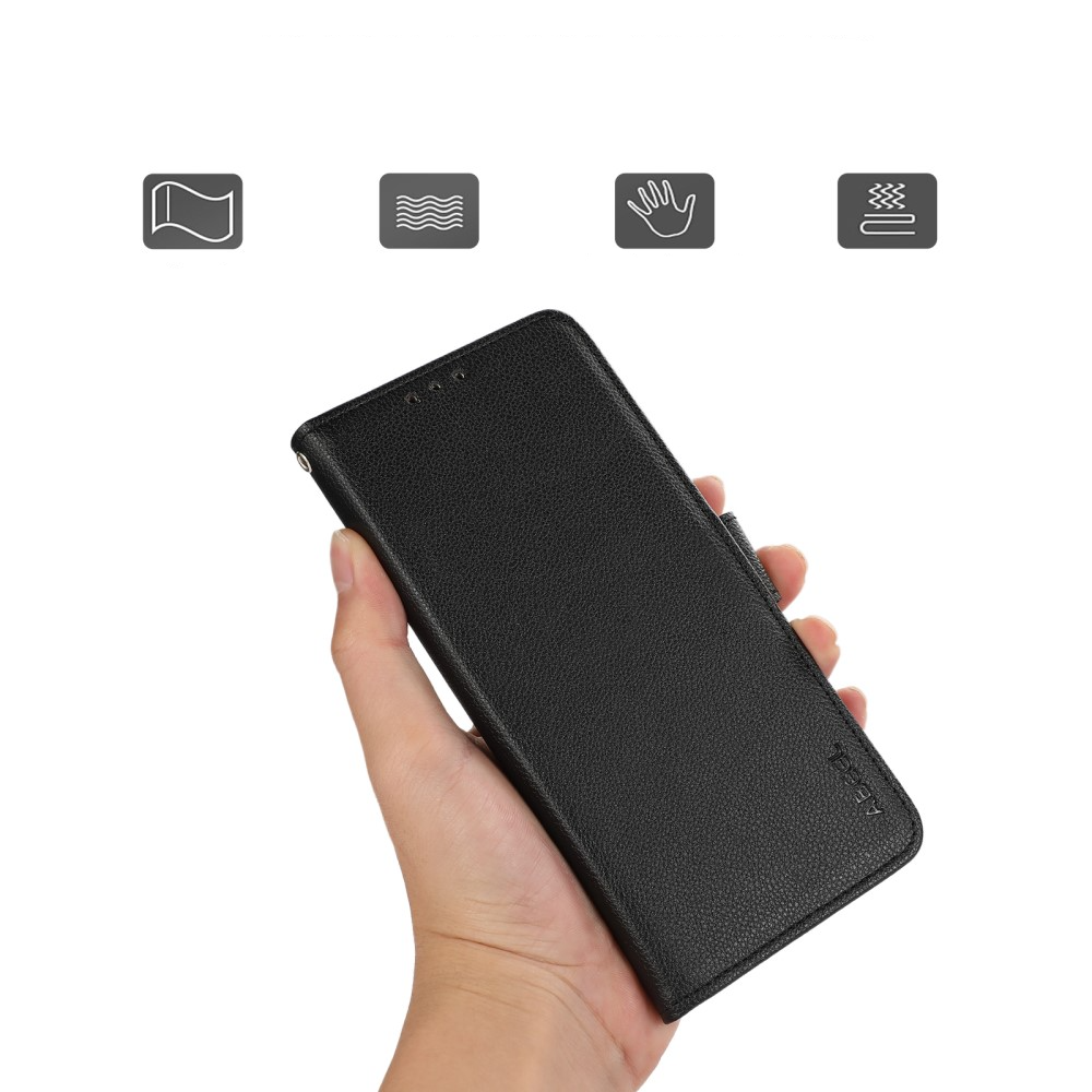 iPhone 13 Pro Leder Tasche Flip Cover Litchi Look (RFID Schutz) - Schwarz