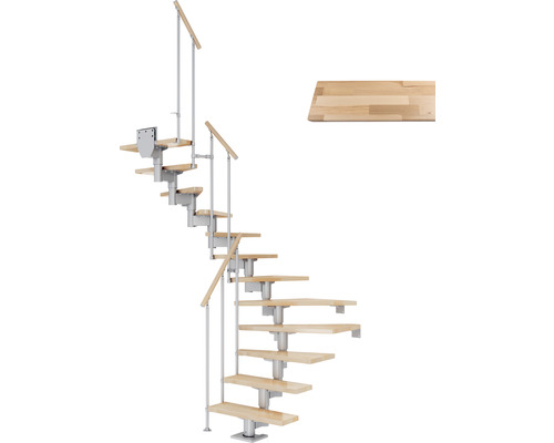 Pertura Chiron middentrap, parelgrijs, halve draai, 75 cm, balustrade van gelamineerd beukenhout, gelakt, 11 treden / 12 stootborden