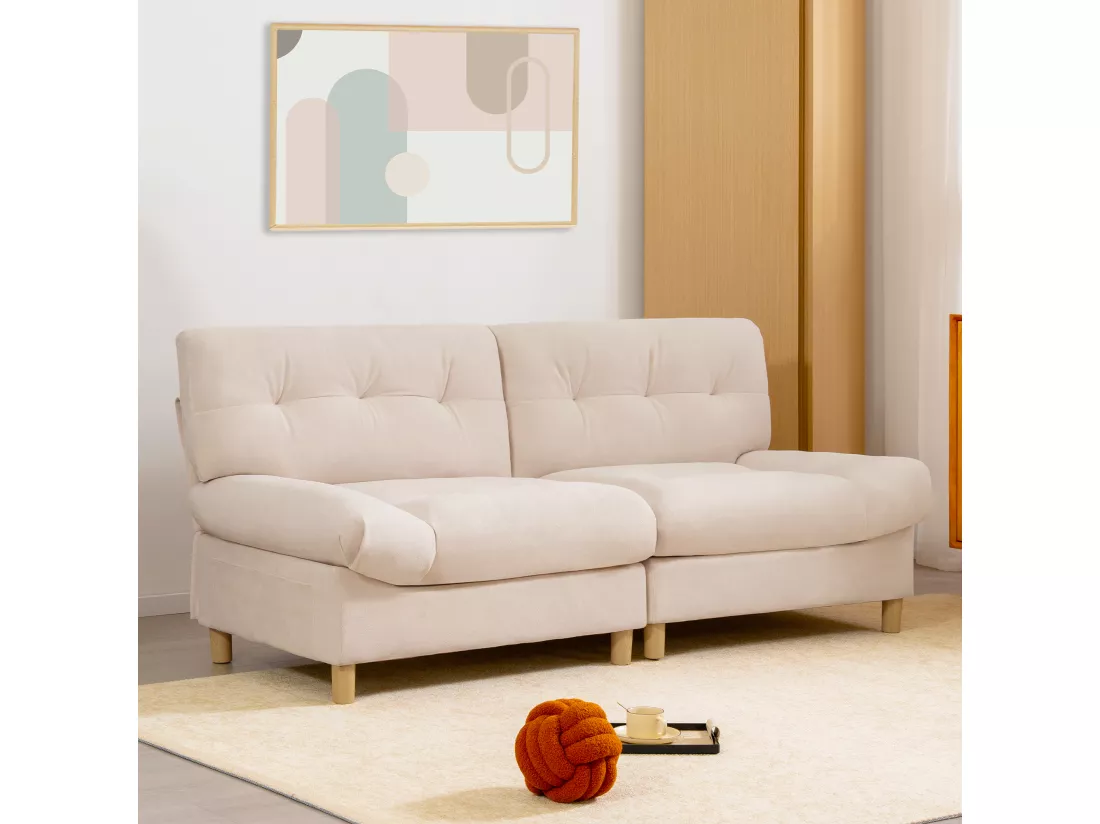 URBAN MEUBLE Canapé velours teddy beige 2 places pieds bois