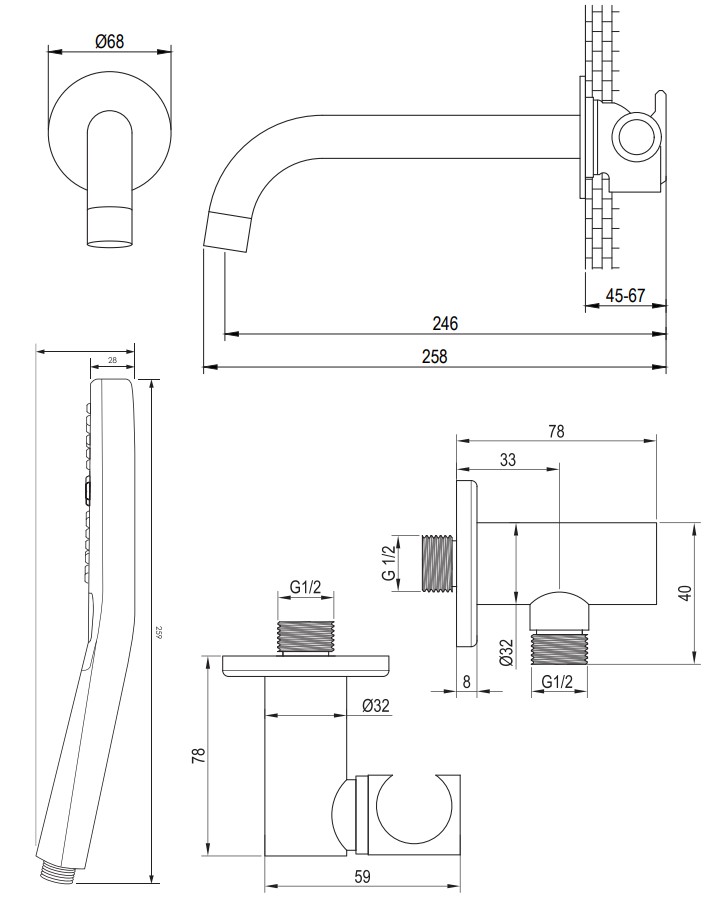 Brauer Gunmetal Carving thermostatische inbouw badkraan met uitloop en 3 standen handdouche set 4 gunmetal geborsteld PVD
