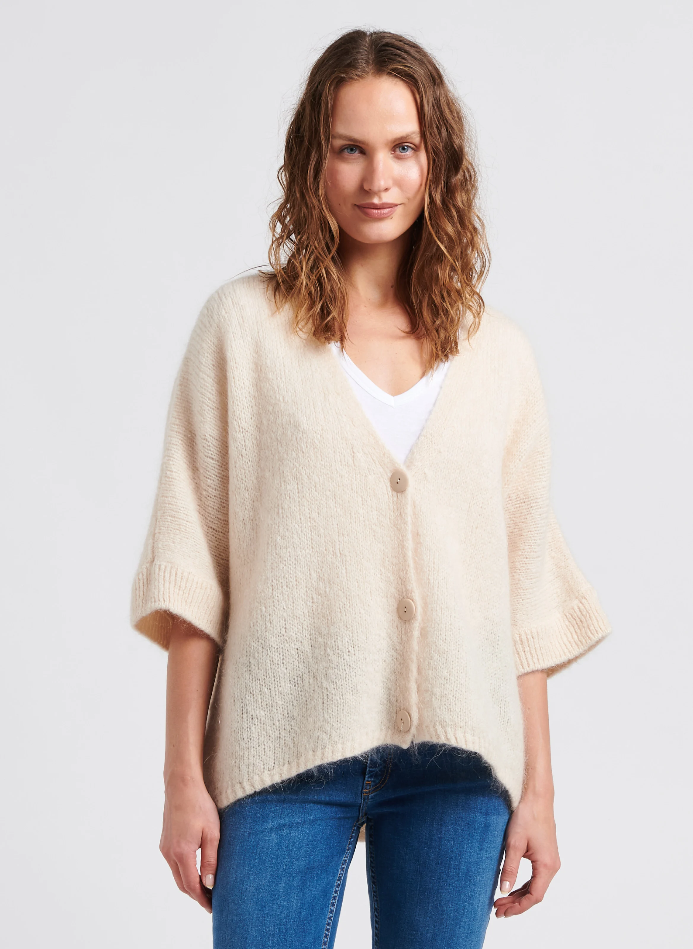 Gilet à col V ample en maille mélangée | Blanc