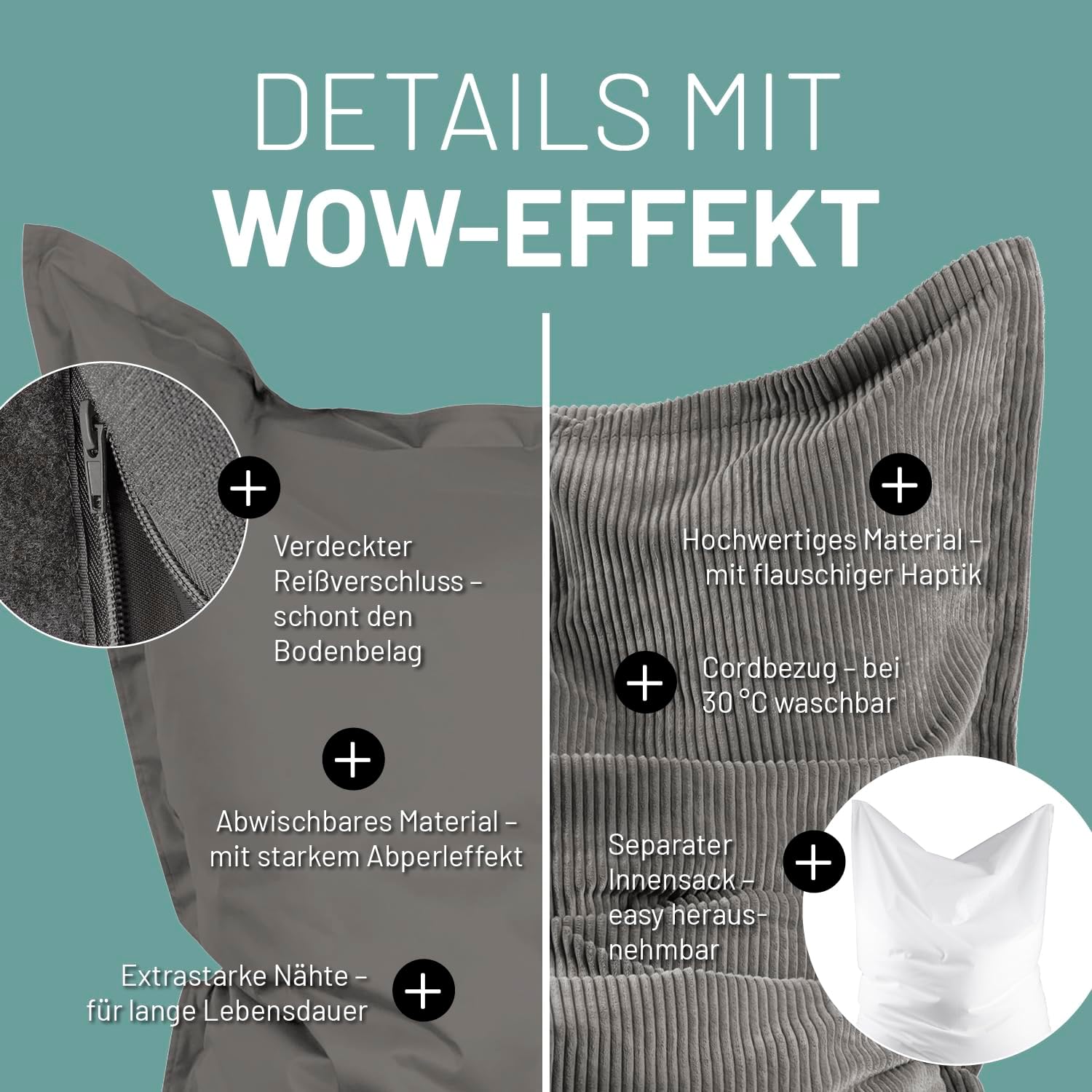Lumaland Sitzsack Classic XXL All-in-One Set | Riesen Sitzsack XXL mit Cord & Outdoor Bezug für drinnen & draußen | Sofa Sessel mit im Innensack sicher verpackter EPS-Füllung – Hüllen Easy wechselbar