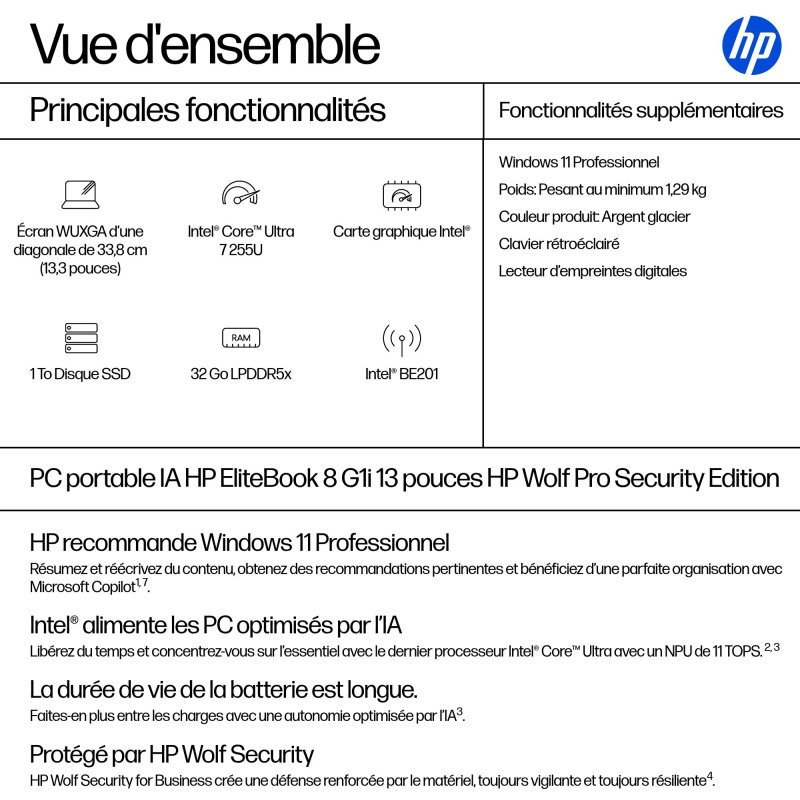 HP EliteBook 8 G1i 13 inch Notebook AI PC Wolf Pro Security Edition Intel Core Ultra 7 255U Ordinateur portable 33,8 cm (13.3