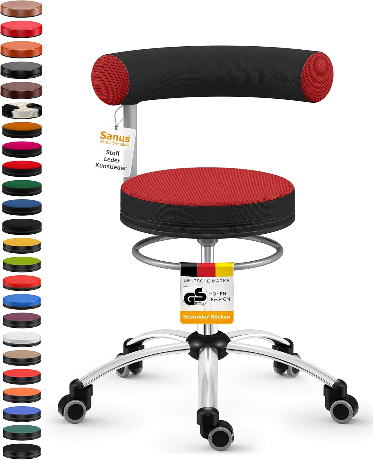 Sanus®-Gesundheitsstuhl | Rollhocker mit 360° Lehne, Fester Lehne, Sitzhöhe (42-51 cm), Stoffbezug rot/schwarz, Rollstopp-Rollen. Ergonomischer Bürostuhl, Erzieherstuhl