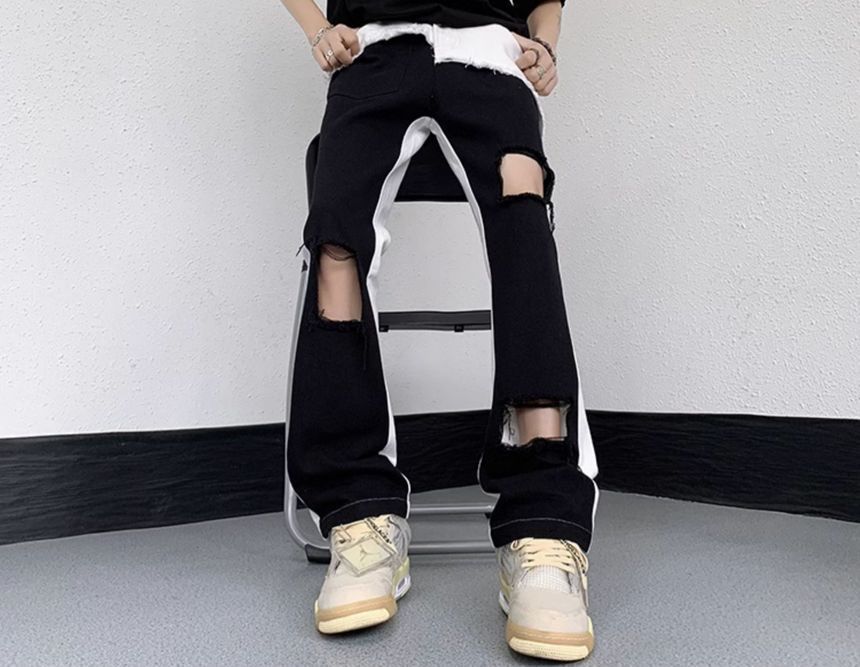 ROOSE - Mid Rise Two-Tone Distressed Wide Leg Jeans