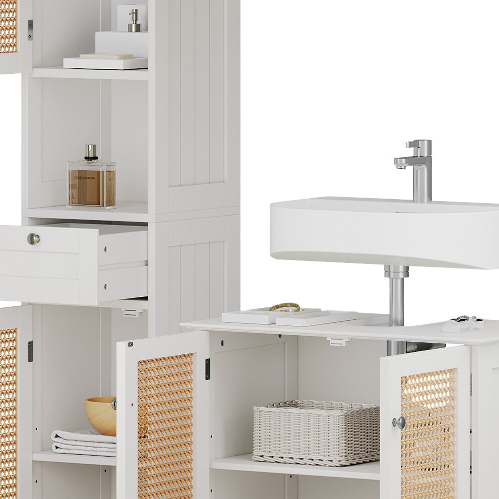 Vicco Badmöbel-Set Rosario, Weiß, moderne Serie, Badezimmer, dekorative Front, Spiegelschrank, Waschtischunterschrank, Hochschrank