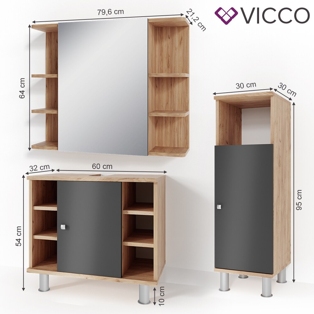 VICCO Badmöbel Set FYNN Eiche Anthrazit Spiegelschrank Unterschrank Badschrank