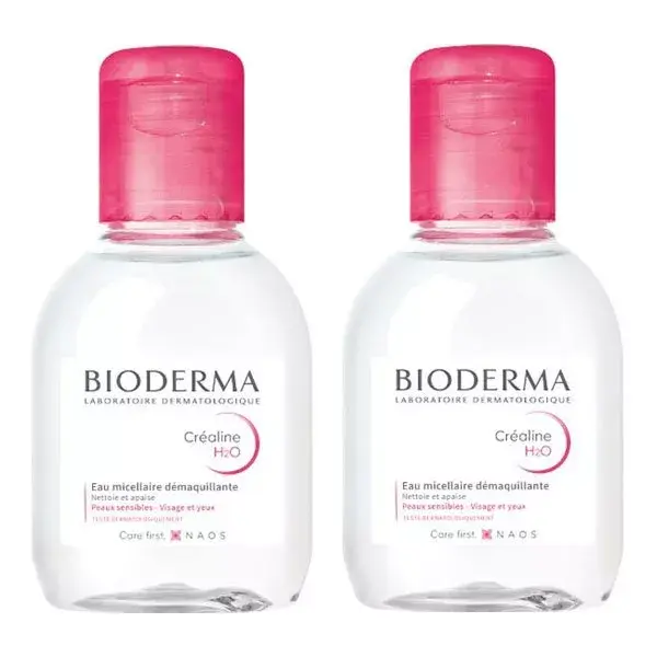 Água Micelar de Limpeza Bioderma Créaline H2O para Rosto e Olhos, Pele Sensível, Pacote com 2 x 100ml