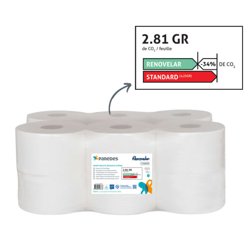 Papier toilette dévidage central blanc 123m 10,9 x 25 cm Paredes Renovelar