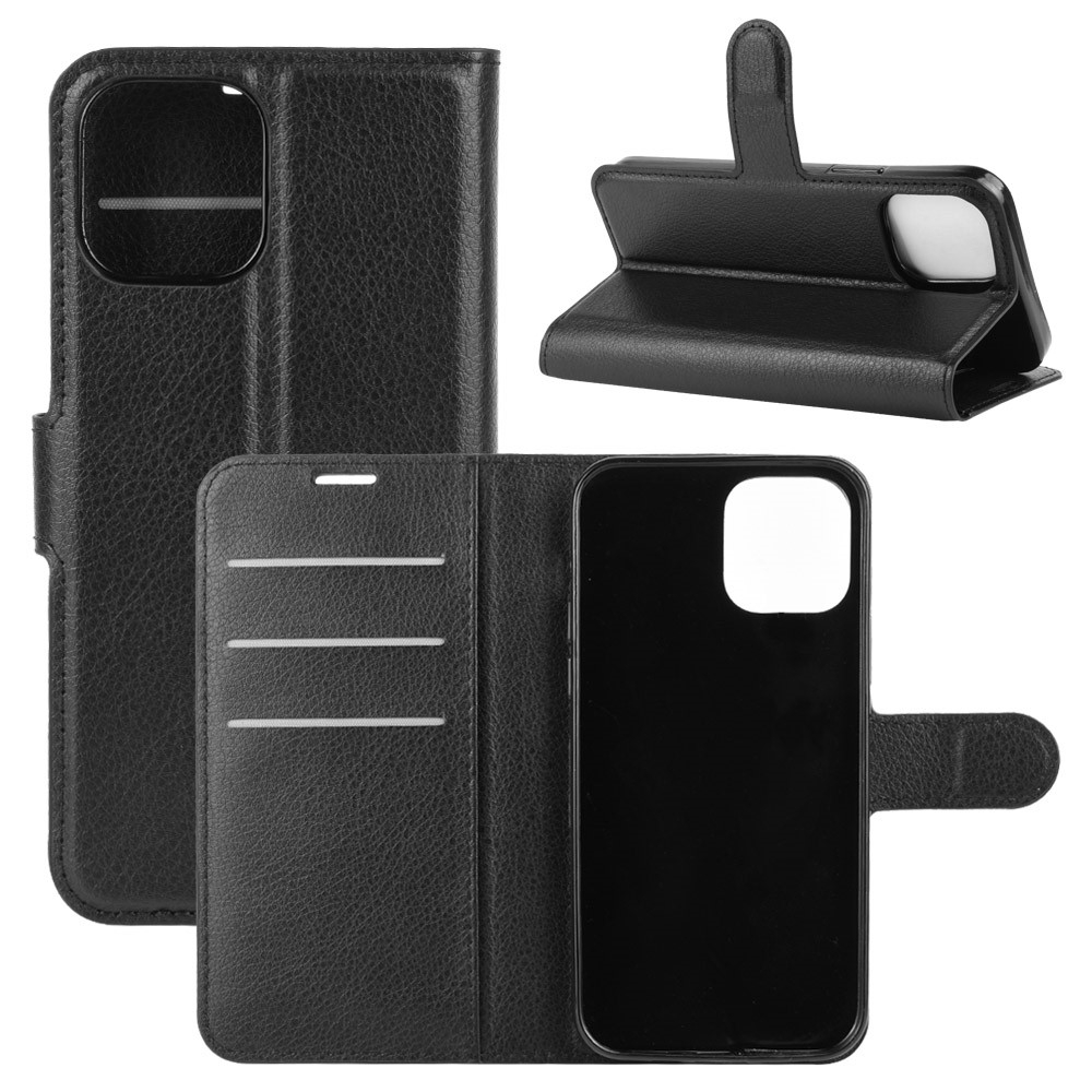 iPhone 12 / iPhone 12 Pro Leder Tasche Flip Cover Litchi Look - Schwarz