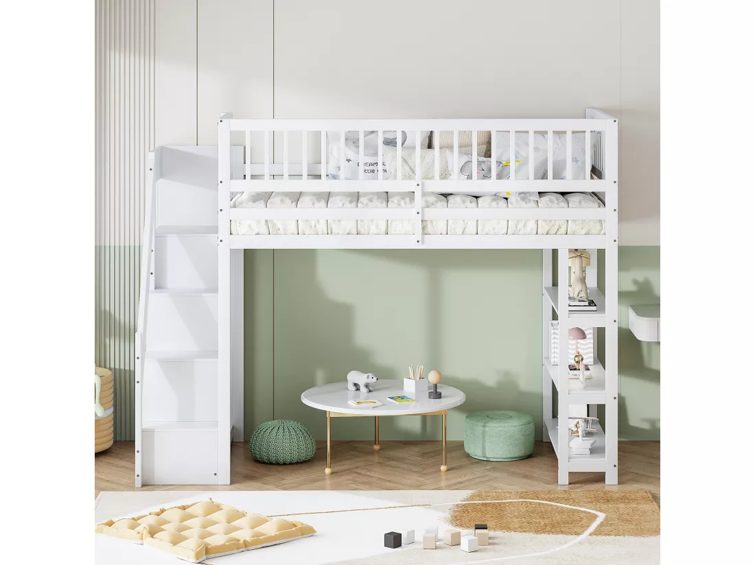Lit mezzanine 90x200 cm en bois - avec étagères et une penderie - avec barres hautes - Blanc
