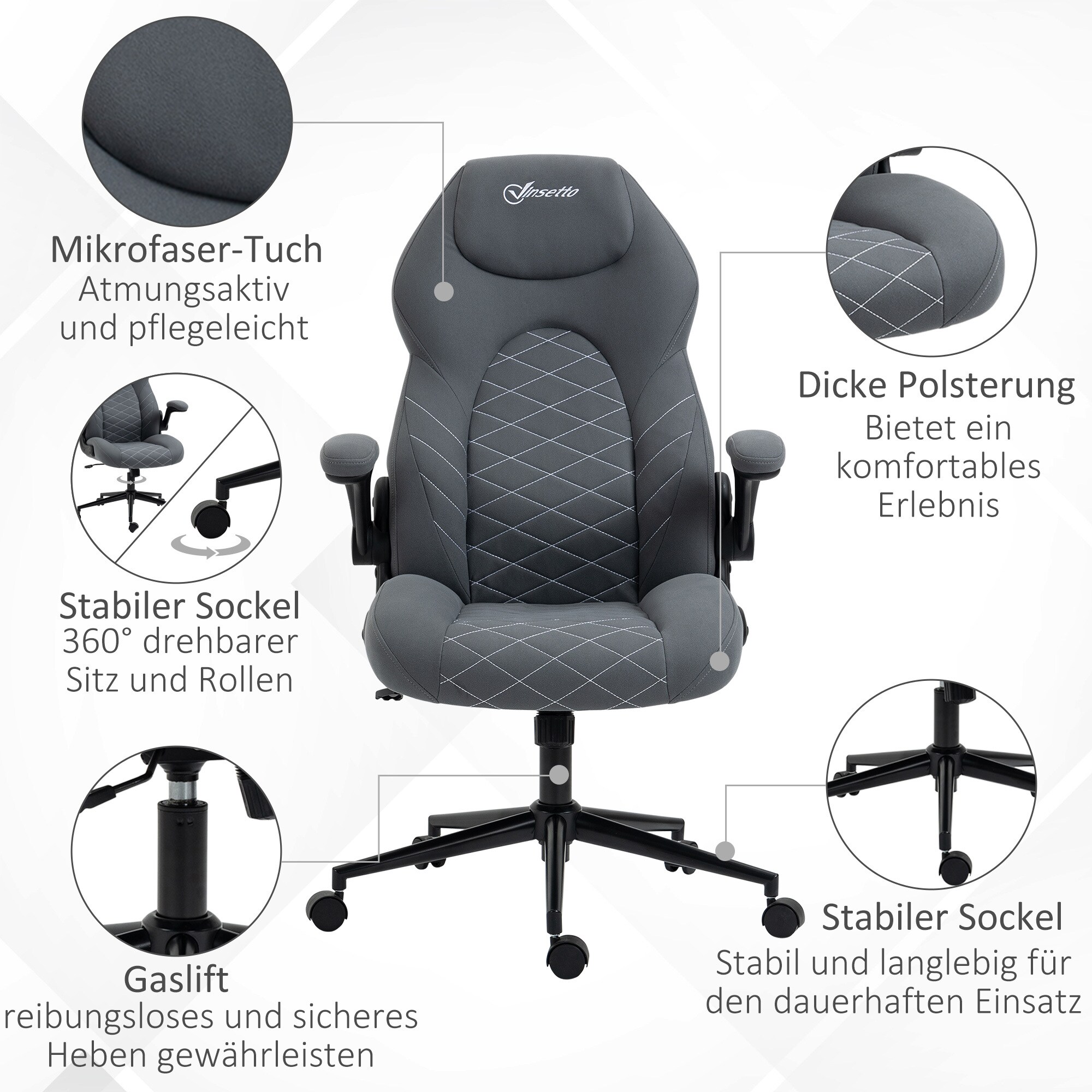 Vinsetto Bürostuhl mit Kopfstütze und Armlehnen grau 65,5L x 69,5B x 112-122H cm