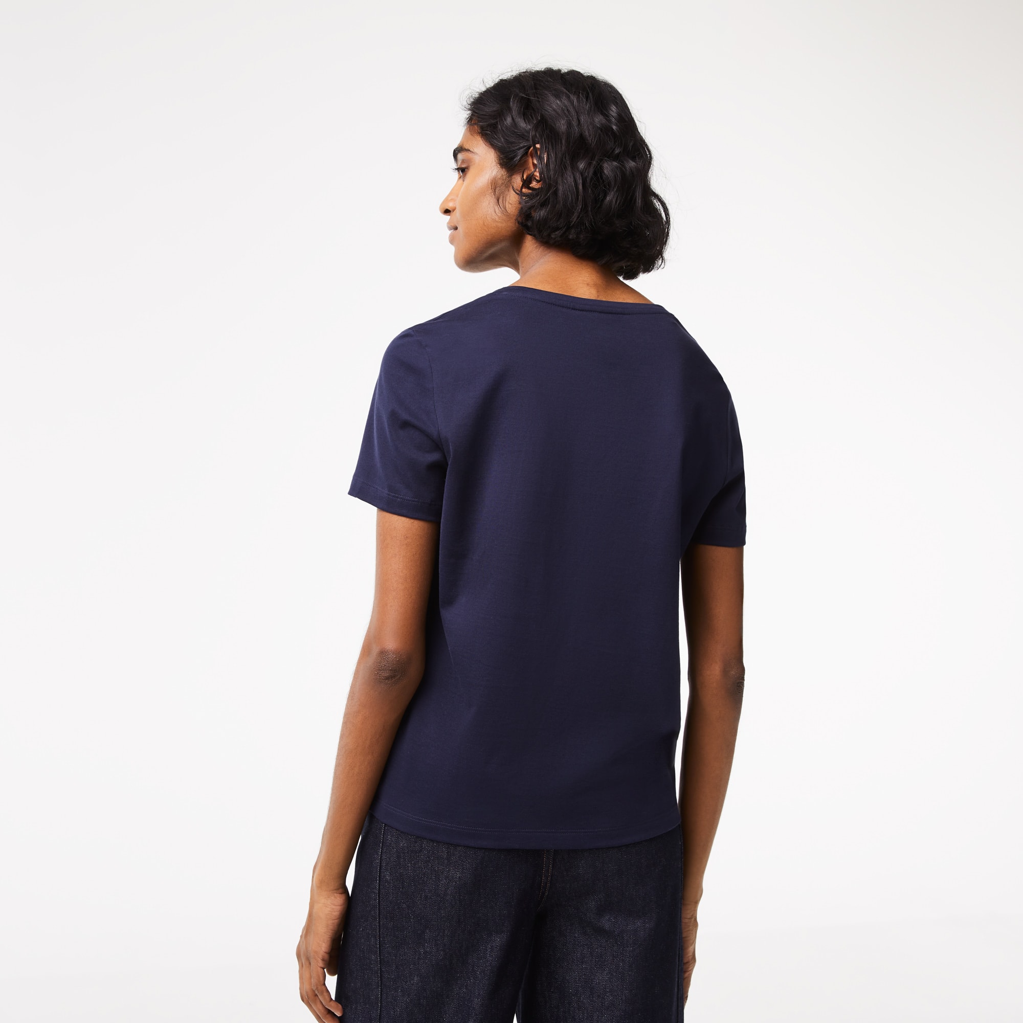 T-shirt à col V loose fit en coton uni T-Shirts - Bleu - Lacoste - Femme
