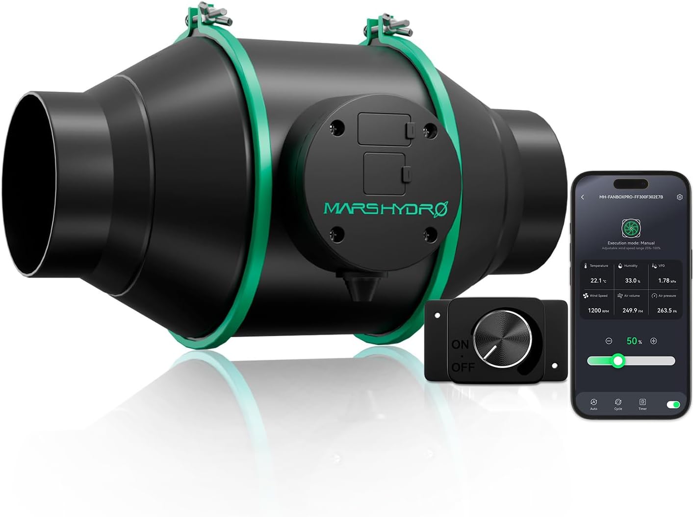 Mars Hydro iFresh Rohrventilator 100mm, 350m³/h Leiser EC Motor, 27W Rohrlüfter EU-Stecker, Abluftventilator für Growbox, Growzelt und Gewächshaus Hydrokultur