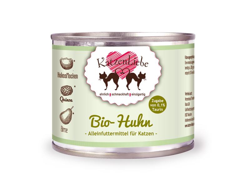 KatzenLiebe Nassfutter Bio-Huhn mit Bio-Quinoa, 200 g Premium Bio-Ergänzungsfuttermittel für erwachsene Katzen