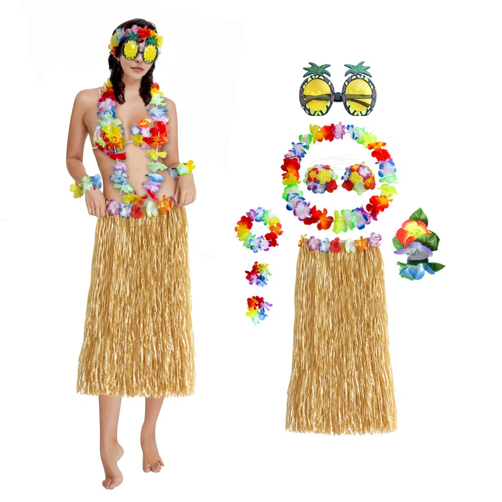 (8-tlg. Set) Fasnachts Erwachsenen Kostüm Hawaii Blumen Hula Rock Verkleidung für Sommer Motto Partys inkl. Brille - Gelb / Rot