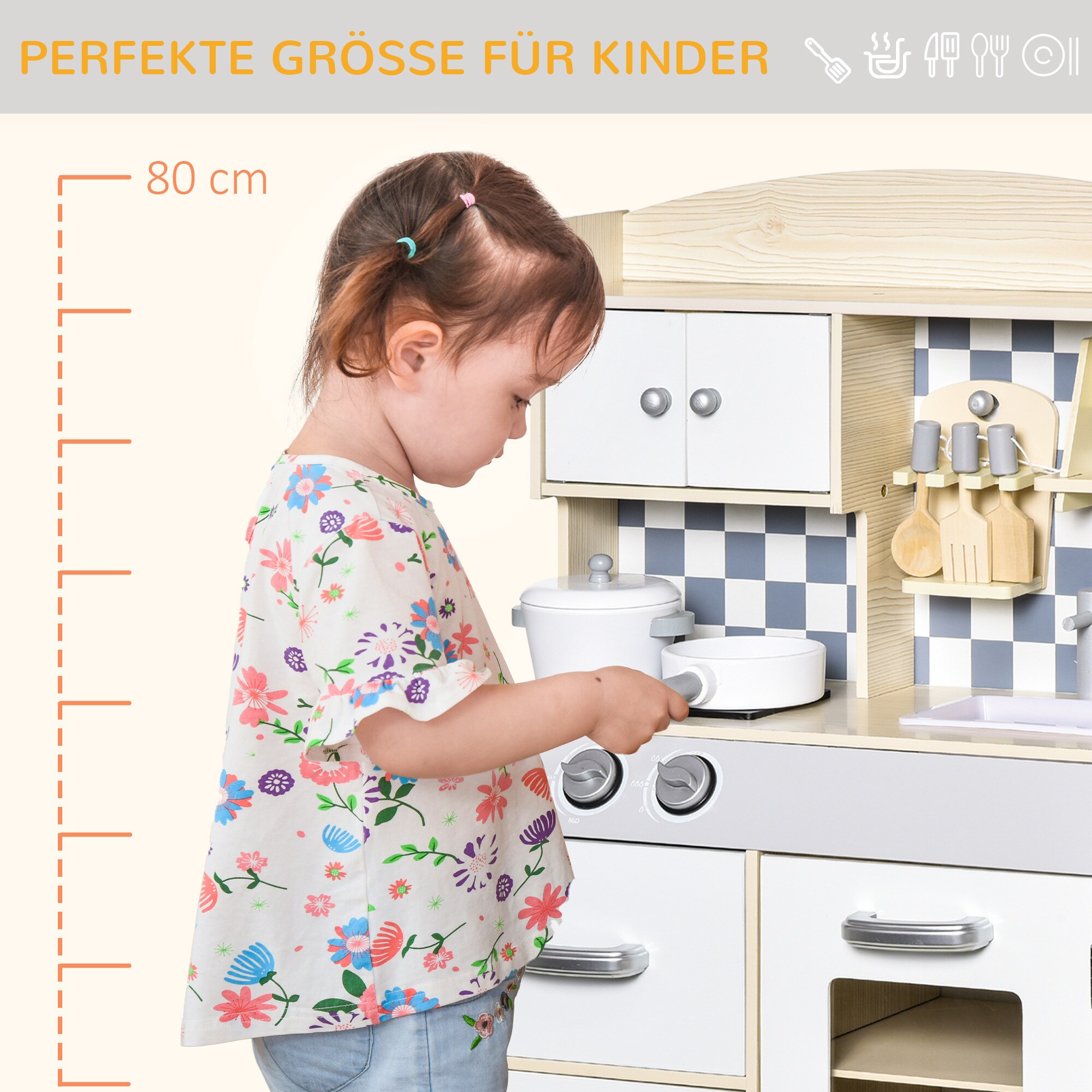 HOMCOM Kinderküchen mit Kochgeschirrzubehör bunt 54.5L x 29B x 80H cm