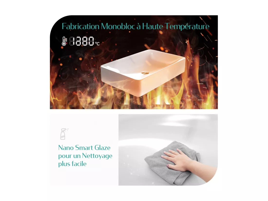 EMKE Vasque à Poser en céramique 59,5×39,5×12cm, Lavabo salle de bain rectangulaire, Lavabo à poser blanc brillant