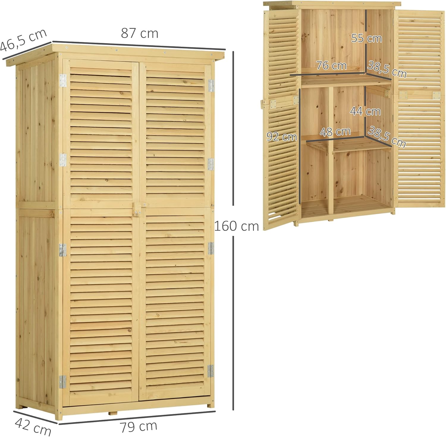 Outsunny Gartenschrank Holz Geräteschuppen Gerätehaus mit Asphaltdach Lamellentür Geräteschrank Schuppen Garten 4 Fächer Naturholz 87 x 46,5 x 160 cm