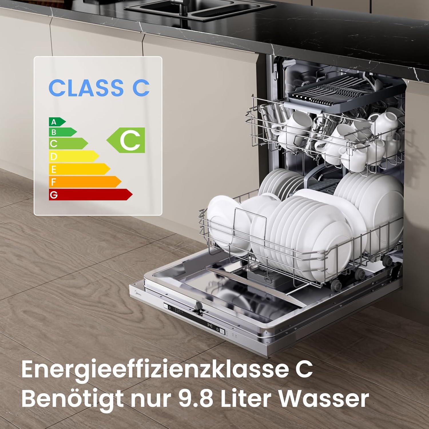 Midea SV 5.14K14C Geschirrspüler Vollintegriert 60cm, 14 Maßgedecke, Spülmaschine Unterbaufähig mit WIFI, 8 Programme, 44 dB, Automatische Türöffnung, 0-24H Startverzögerung, Inox
