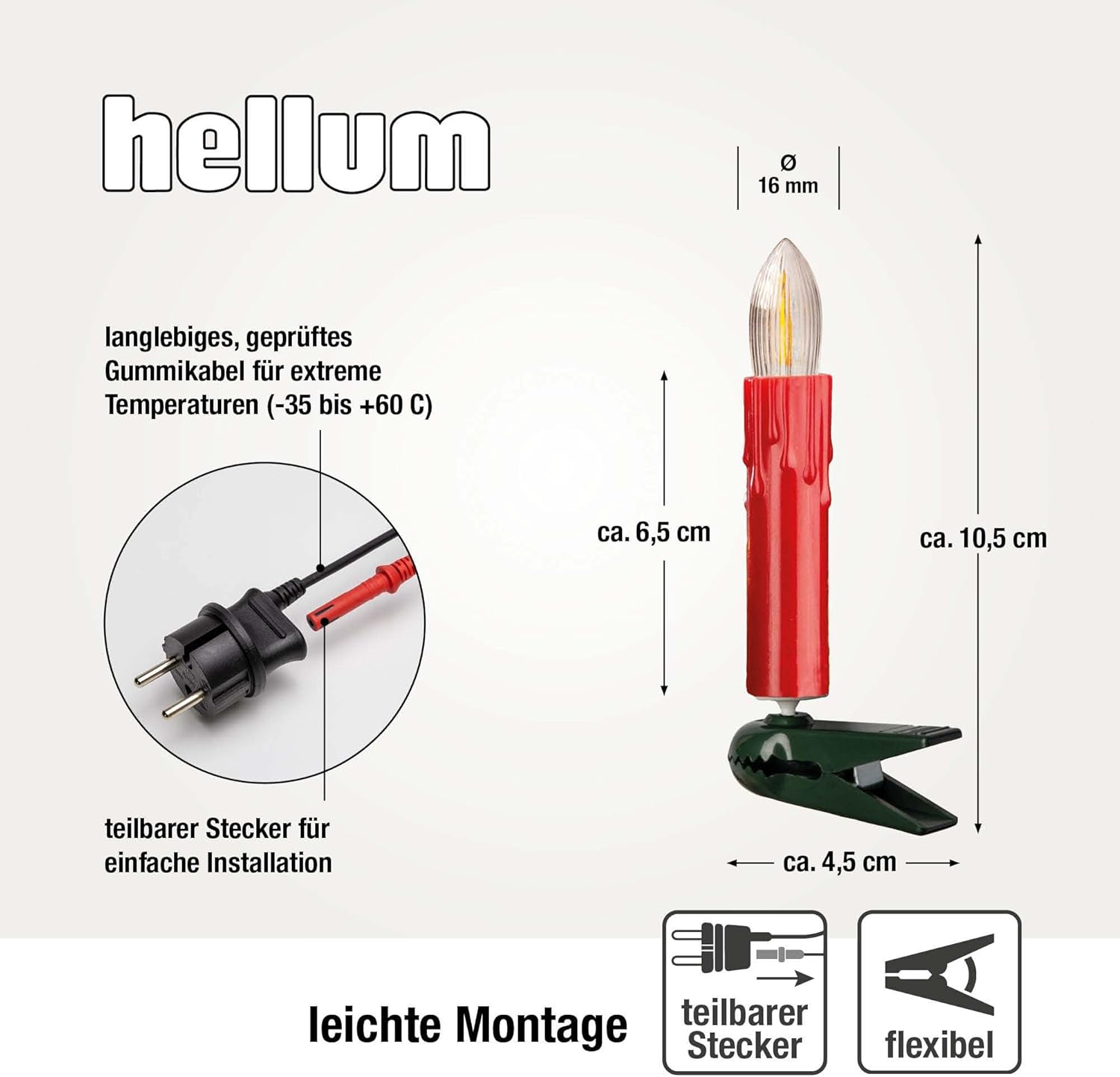 hellum Lichterkette LED-Filament mit Wachstropfen, Made in Germany, Riffelkerzenketten mit Clip, 30 Lichter, beleuchtete Länge 20,3 m, warmweiß, Schaft rot, für Innen, teilbarer Stecker