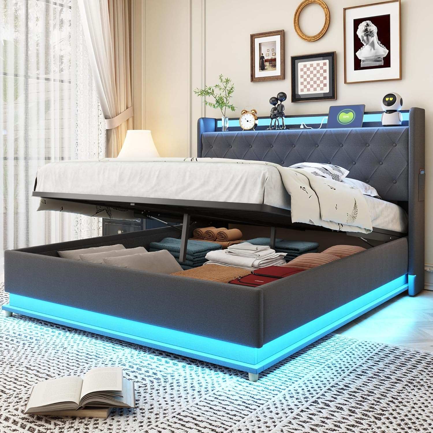 Polsterbett Doppelbett Bett 140x200 cm mit Stauraum und Kopfteil, Hydraulisches Stauraumbett mit USB und LED, Jugendbett Bettgestell mit Lattenrost, Leinen, Grau, Ohne Matratze