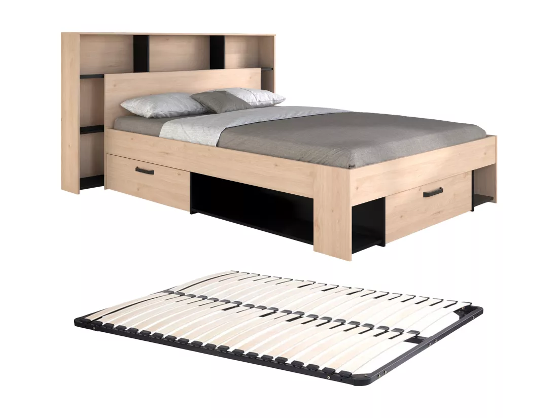 Lit 140 x 190/200 cm avec tête de lit et rangements - Coloris : Naturel et noir + Sommier - KINSELIA