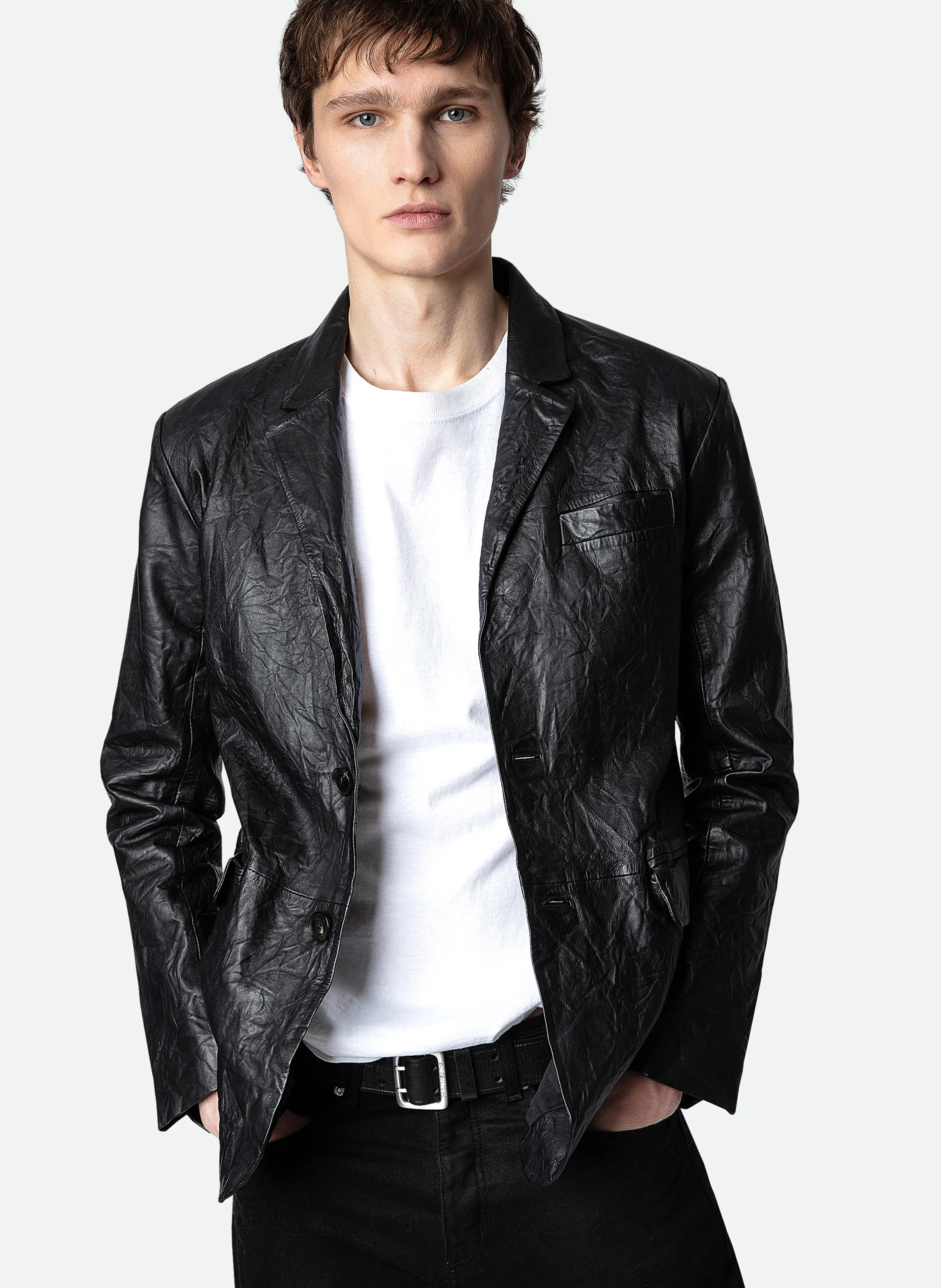 VALFRIED - Veste col tailleur en cuir froissé | Noir