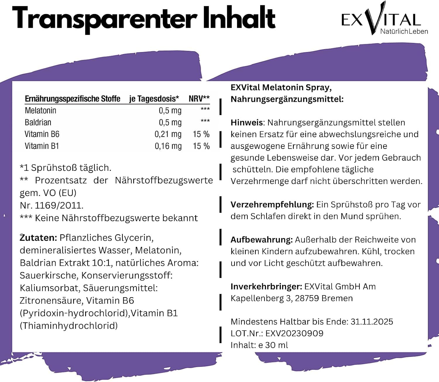EXVital® Melatonin Schlafspray mit Baldrian, Vitamin B1+ B6, Sprühflasche