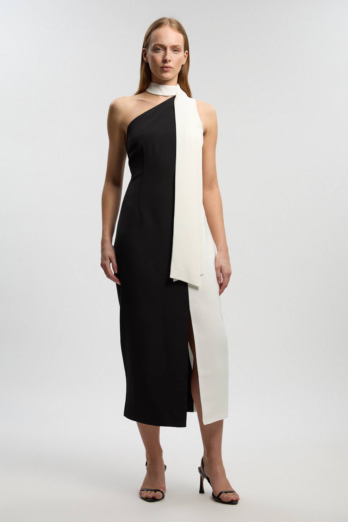 KarenMillen Robe Midi Ajustée Douce à Blocs de Couleur avec Nœud