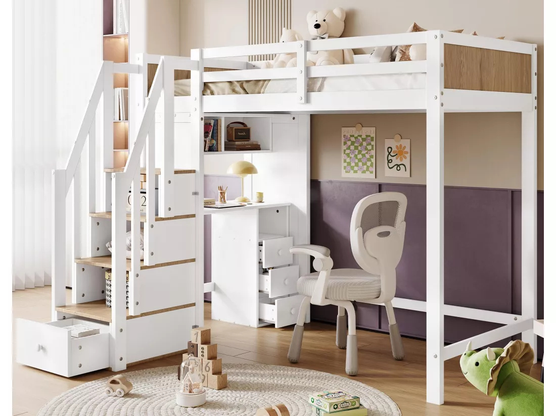Lit mezzanine en bois - 90x200 cm - avec bureau、étagères et escalier de rangement - Blanc