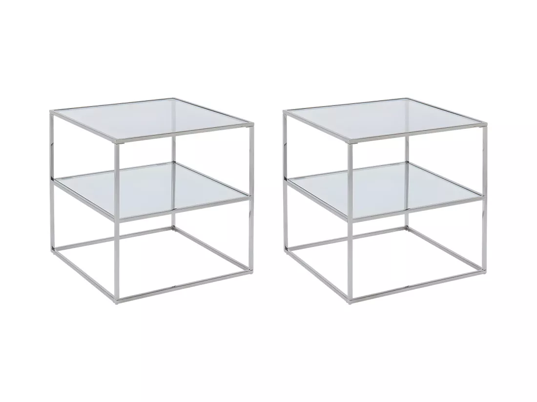 Lot de 2 tables de chevet - 1 tablette - Verre trempé et acier - Argent - KOHANA