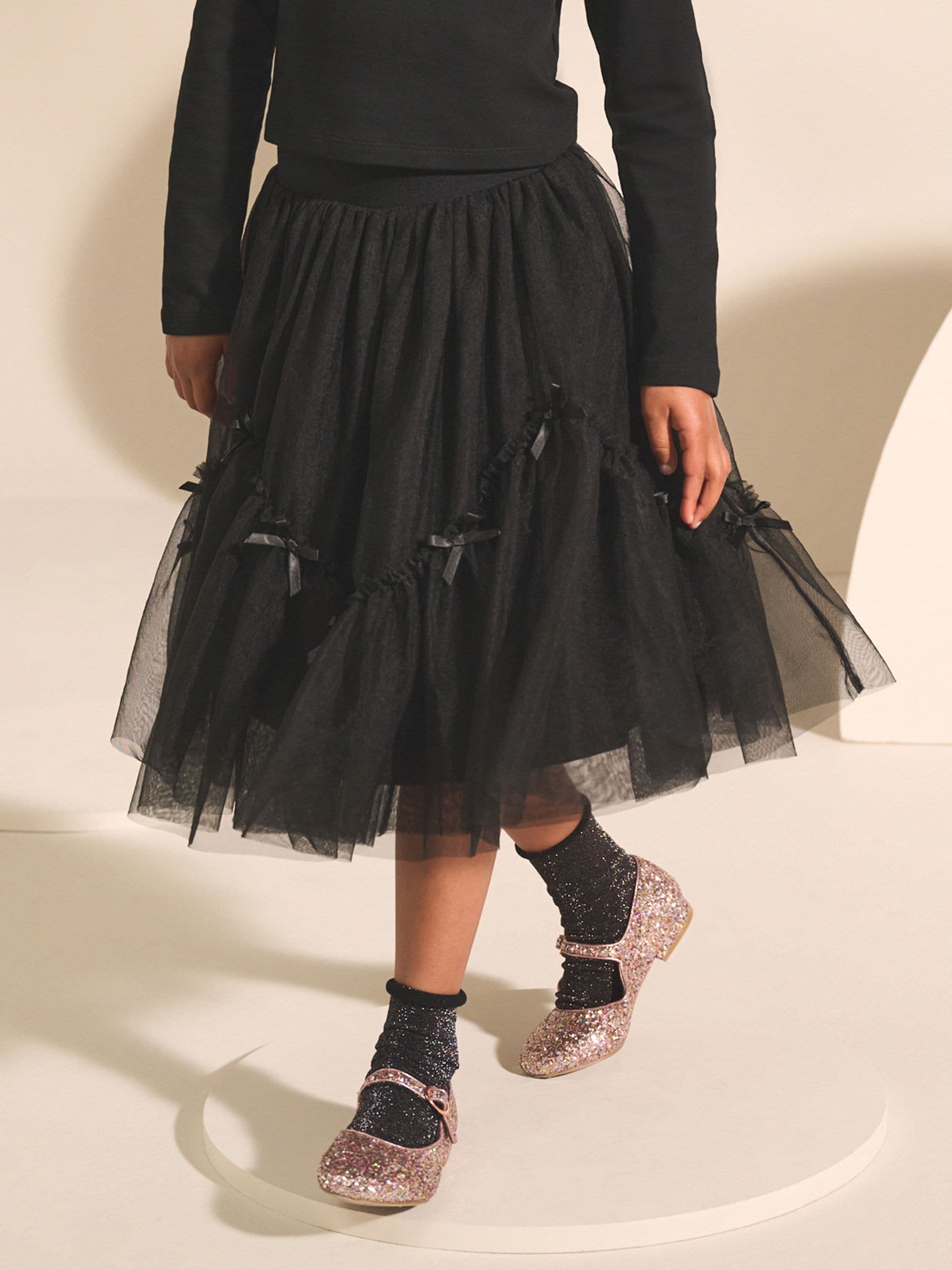 Zwart - Mesh rok met strikdetail (3-16jr)
