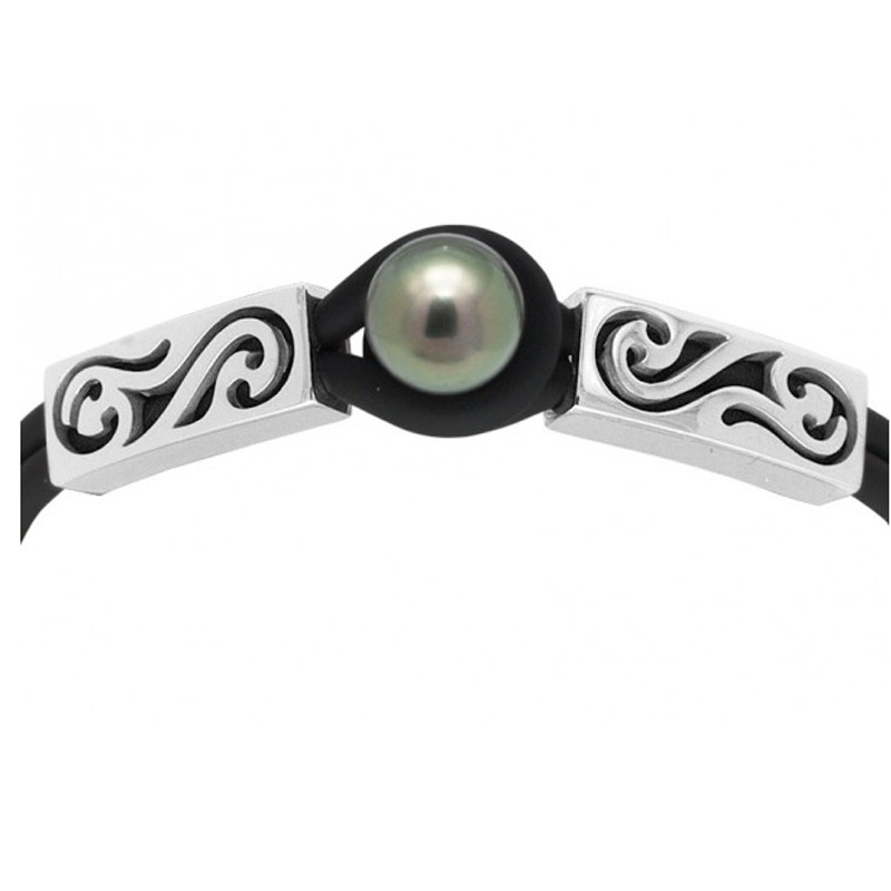 Bracelet Homme-Femme Tribal Néoprène Perle de Tahiti et Argent Massif 925