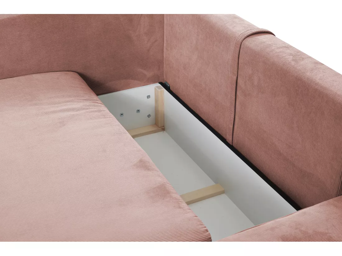 Canapé d'angle droit convertible en velours côtelé rose TEODORA