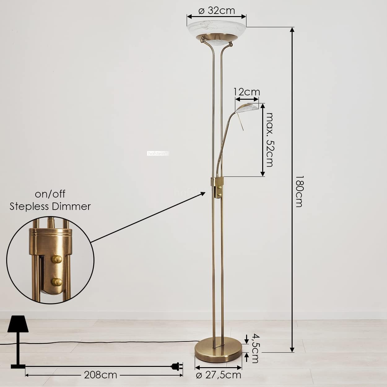 LED Stehlampe Biot, moderne Stehleuchte aus Metall in Altmessing, 18 u. 5 Watt, 1620 u. 450 Lumen, Lichtfarbe 3000 Kelvin, Standleuchte mit Dimmer u. verstellbarem Lesearm, mit Fußschalter am Kabel