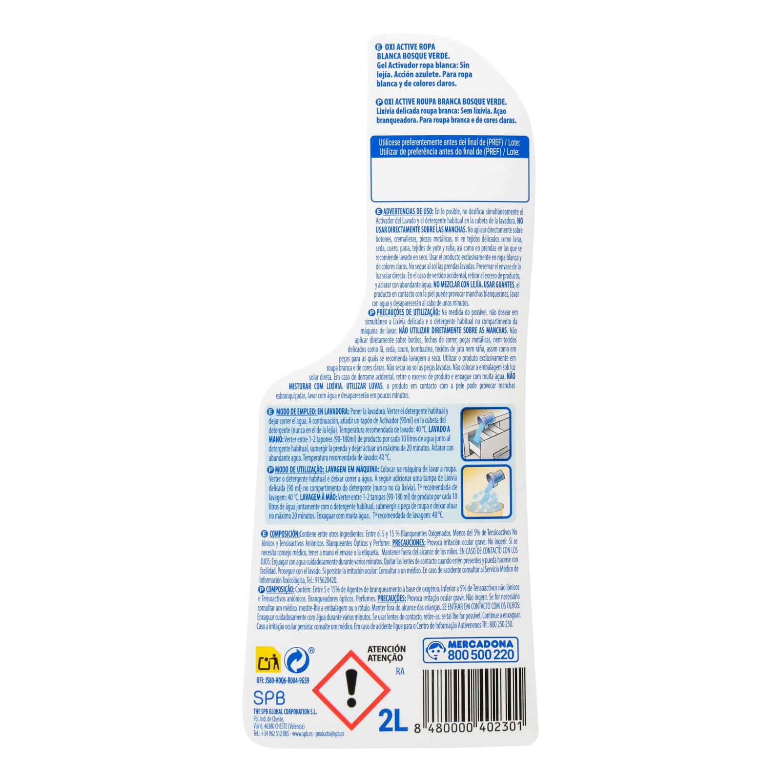 Activateur de blanchiment liquide vert forêt Oxi Active pour vêtements blancs