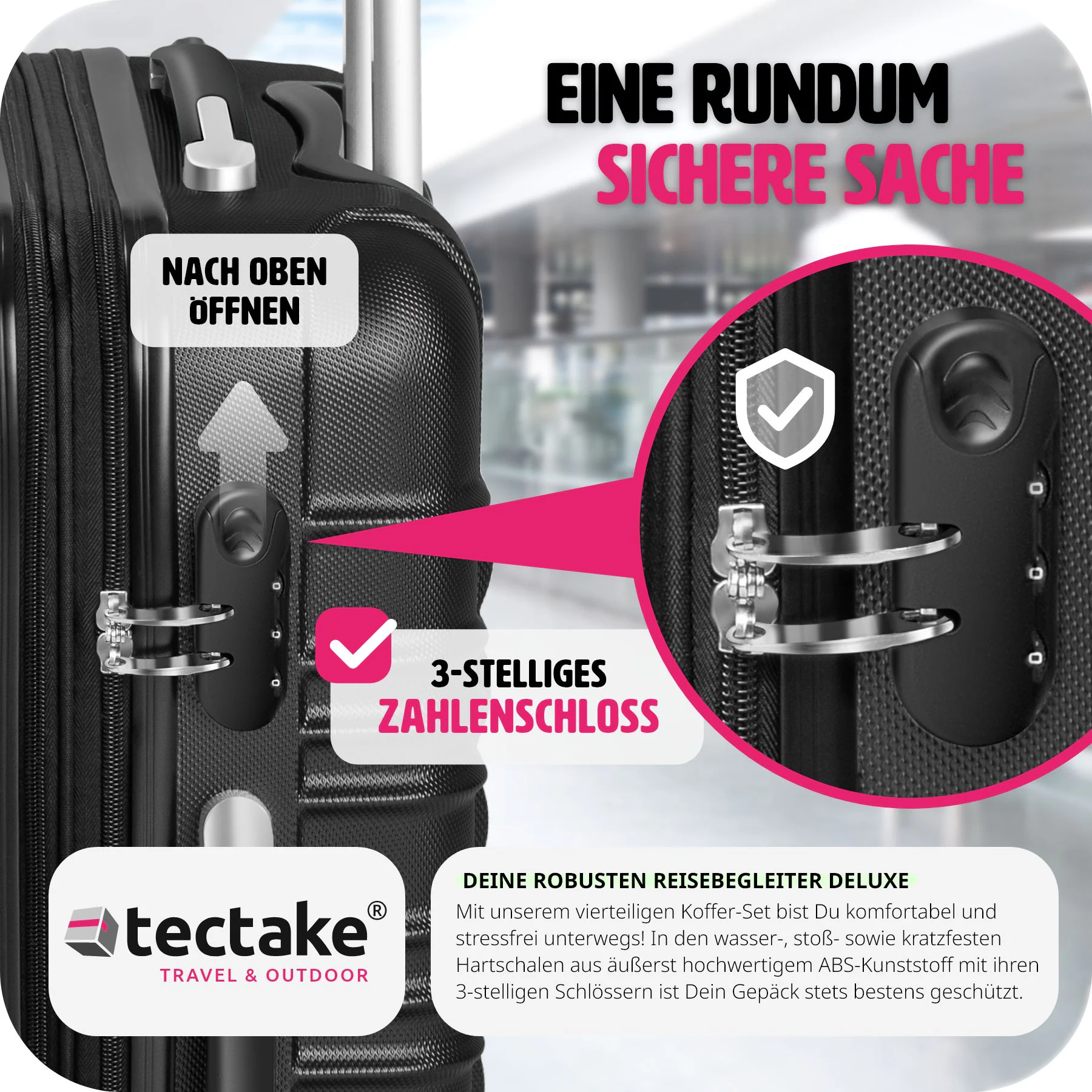 tectake® Hartschalenkoffer-Set, 4-teilig, aus robustem ABS-Kunststoff, 360° drehbare, abnehmbare Rollen, mit Sicherheits-Zahlenschloss