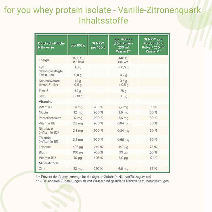 For You whey protein isolate Vanille-Zitronenquark, 600 g