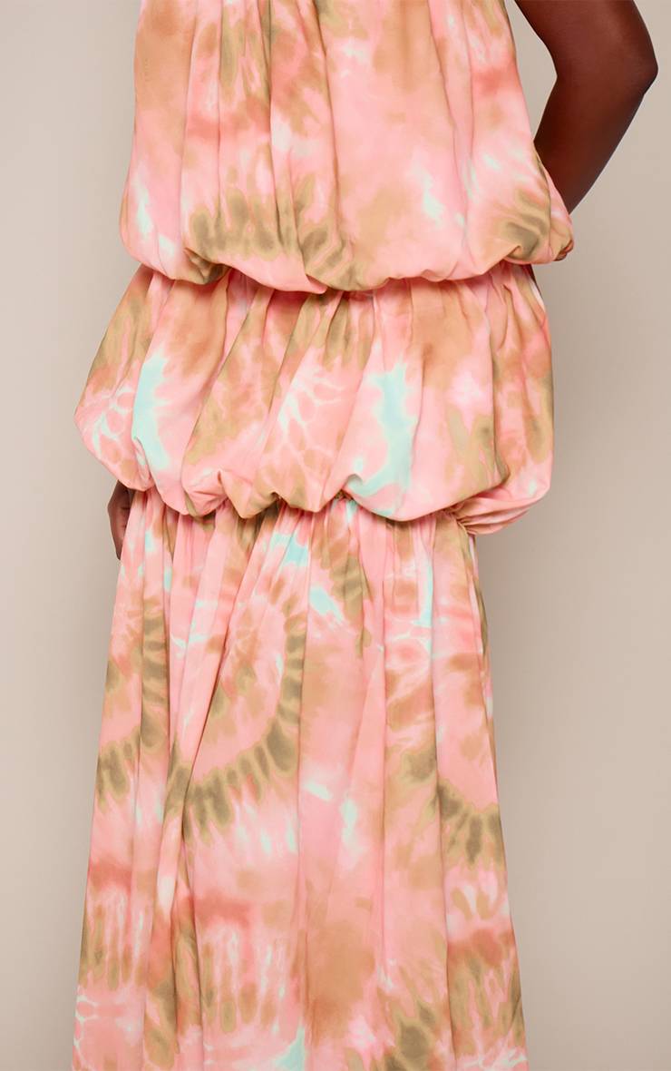 Pêche Robe Maxi Imprimée À Encolure Cœur Et Volants Étagés