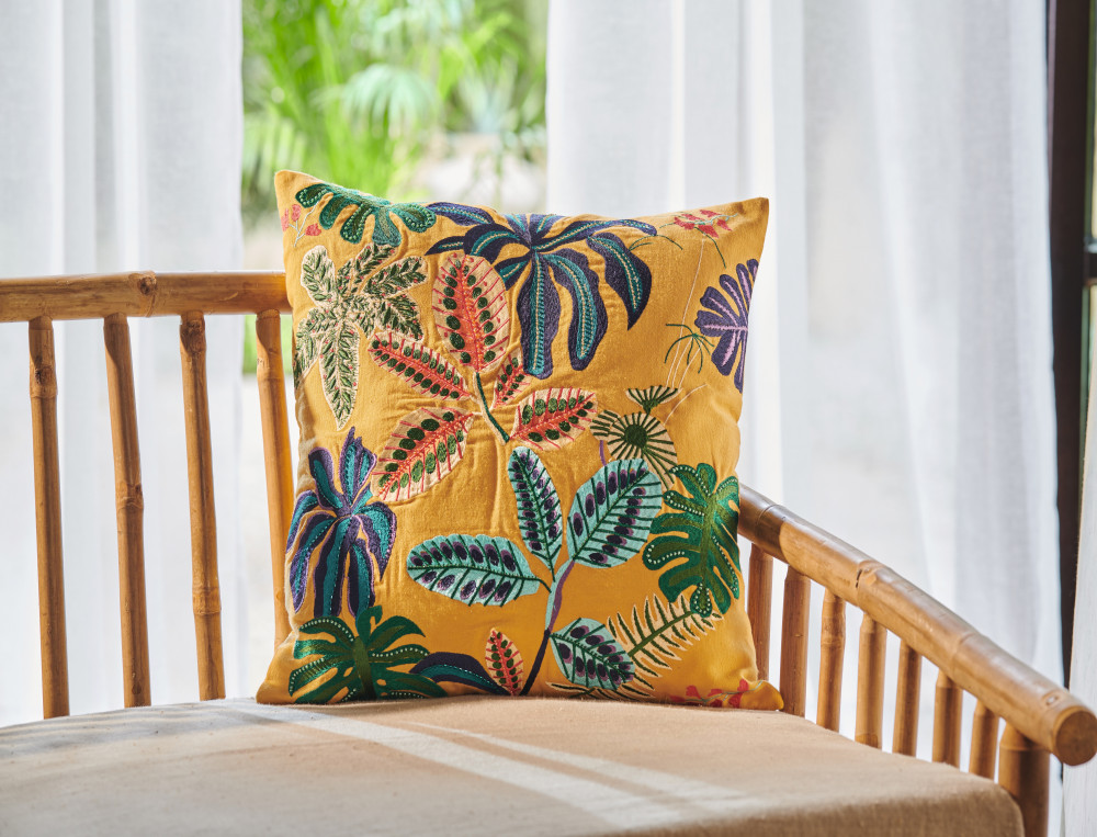 Coussin brodé jaune-Pause tropicale