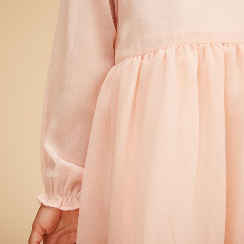 Robe manches longues unie en crêpe pour fille - Rose