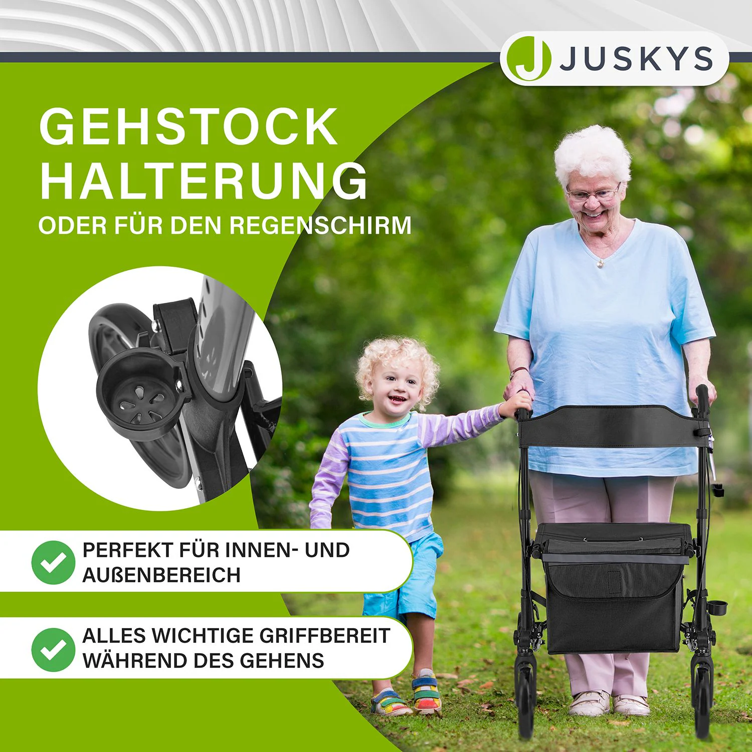 Juskys Rollator Vital faltbar, leicht & höhenverstellbar aus Aluminium bis 130 kg mit Sitz Schwarz