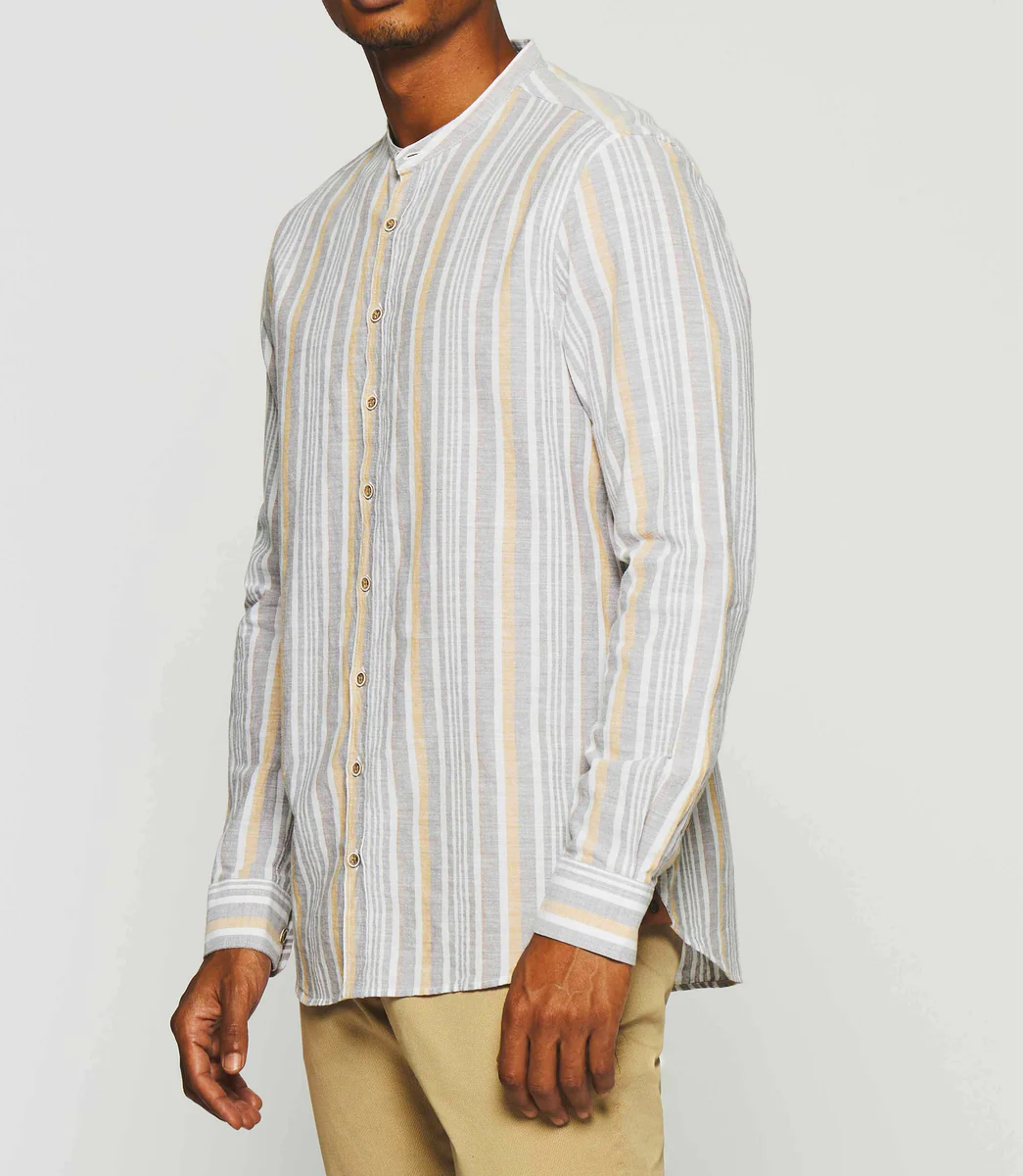 Chemise à rayures en lin col mao camel KABOSA