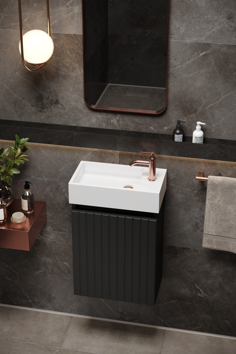 Fontana Alaska toiletmeubel ribbelfront mat zwart 40x22cm met solid surface fontein rechts