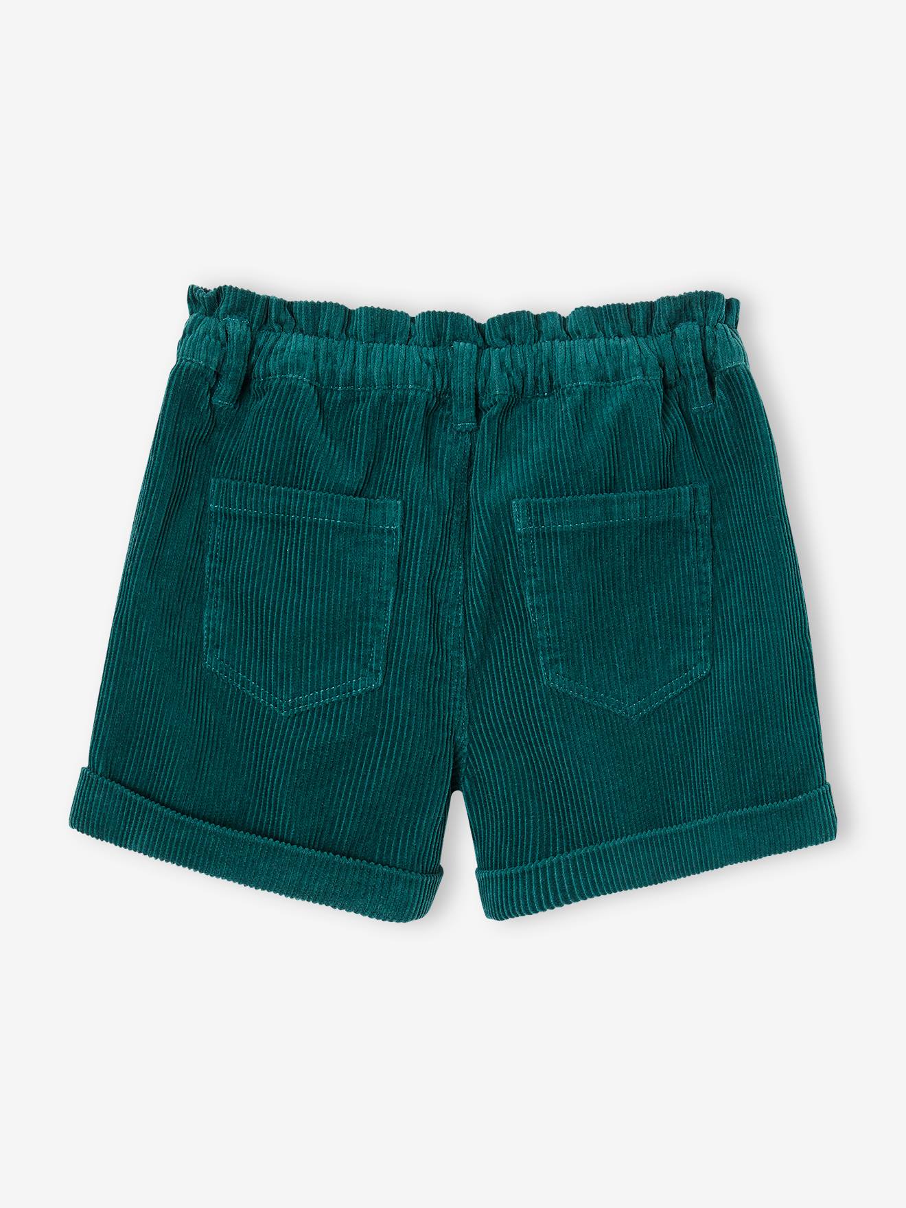 Calça curta de veludo cotelê, estilo paperbag, marrom médio, lisa.