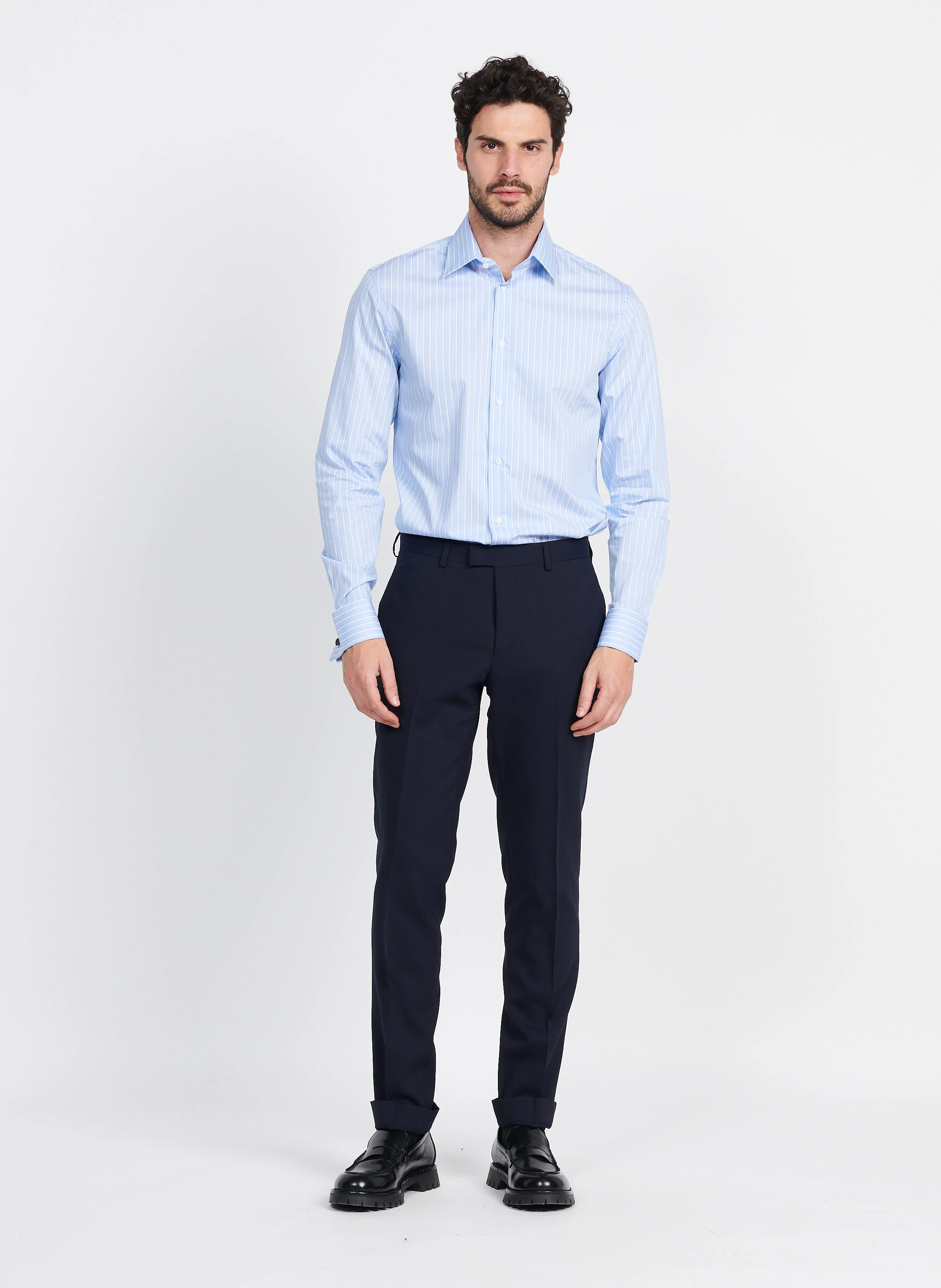 Chemise col classique regular-fit rayée en coton| Bleu