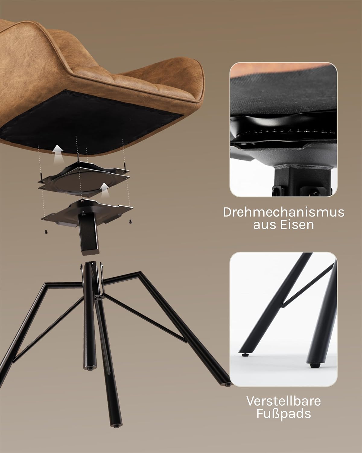 WOLTU Esszimmerstuhl drehbar 2er Set, Küchenstuhl, Polsterstuhl, Drehstuhl, bequemer Stuhl mit Armlehnen Rückenlehne, Armlehnenstuhl für Esszimmer Wohnzimmer, mit Kunstlederbezug, Hellbraun