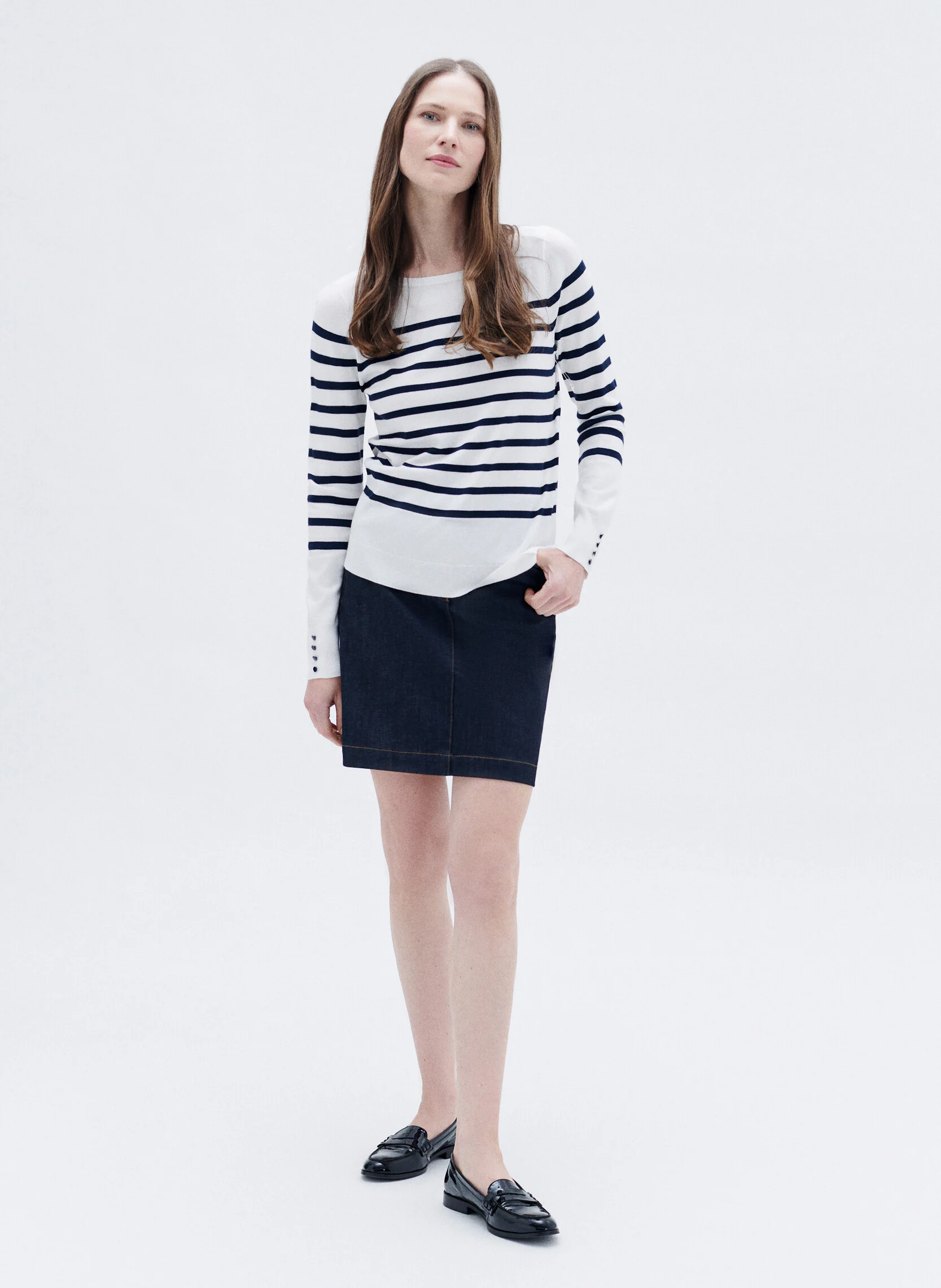 MJULIE - Pull droit col bateau à rayures | Beige